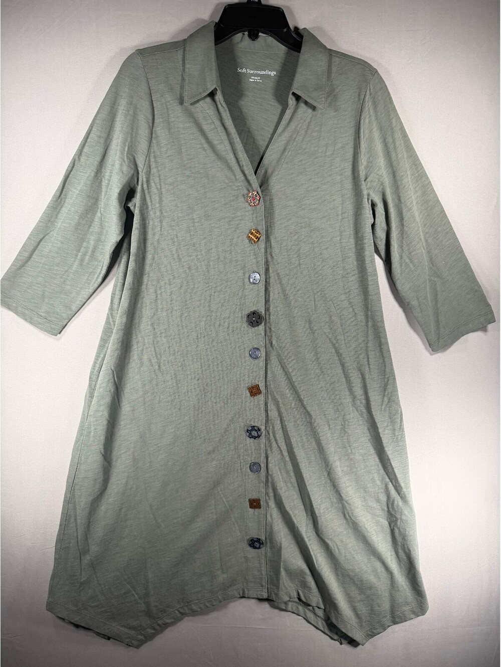 Soft Surroundings Green Button-Down Dress with Unique Buttons & Pockets Sz Med